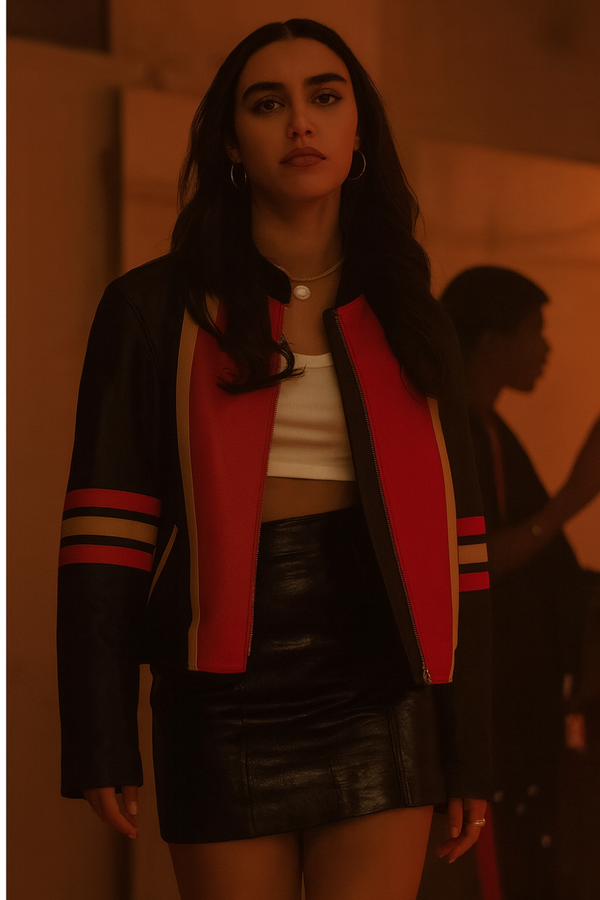 Asha Banks My Fault London 2025 cafe racer leather jacket front