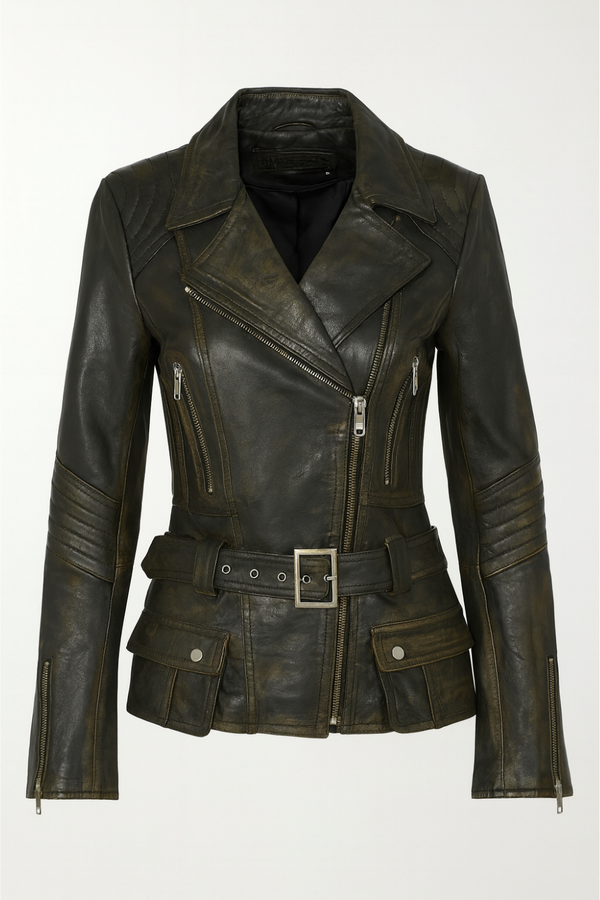Brando distressed women biker jacket brown front view with zipper and belt