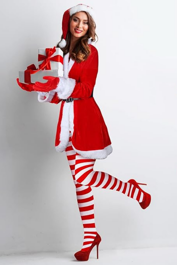 Funtery women Santa Claus costume red velvet dress front view