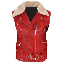 Trendy womens red leather vest with belted waist back