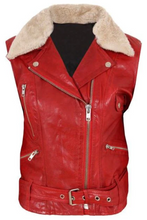 Womens red leather vest with fur collar front