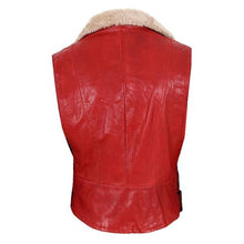 Stylish red fur collar leather vest for women side