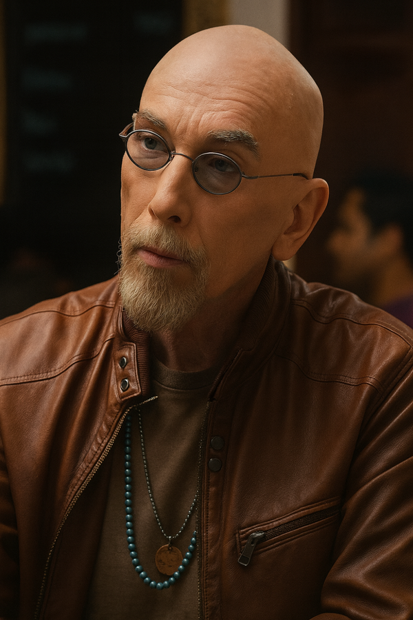 Jackie Earle Haley brown leather cafe racer biker jacket front look from The Long Game 2025