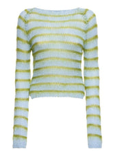 Closeup of blue green striped knitted sweater worn by Kaitlin Olson