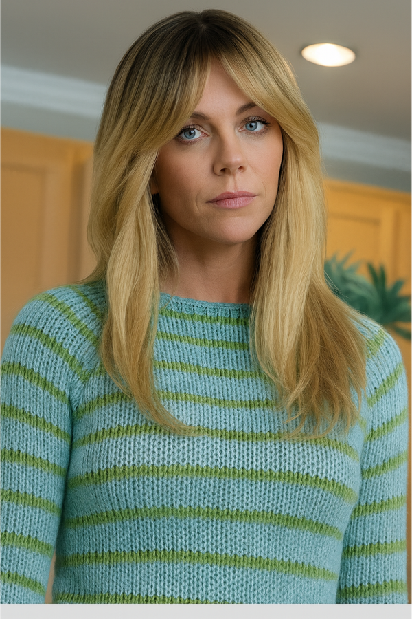 Kaitlin Olson blue and green striped sweater front view