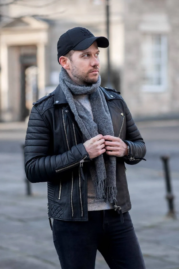 Back design men’s fashion wear black leather biker jacket