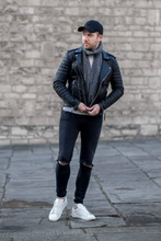 Front view men’s leather biker jacket fashion wear