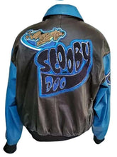 Back design of Scooby Doo black and blue varsity leather jacket