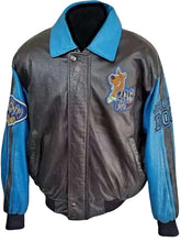 Blue collar closeup on Scooby Doo black leather jacket