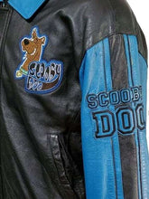 Side angle of Scooby Doo men’s blue sleeve leather jacket