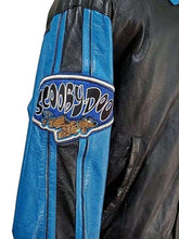 Sleeve patch detail on men’s Scooby Doo leather jacket