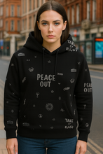 Men’s black graphic hoodie back view peace out print