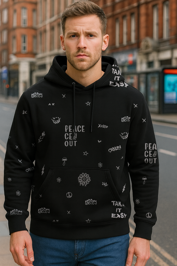 Men’s black graphic hoodie front view streetwear