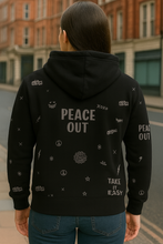 Close up of men’s black hoodie with graphic details