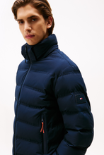 Back view navy blue insulated puffer jacket for men
