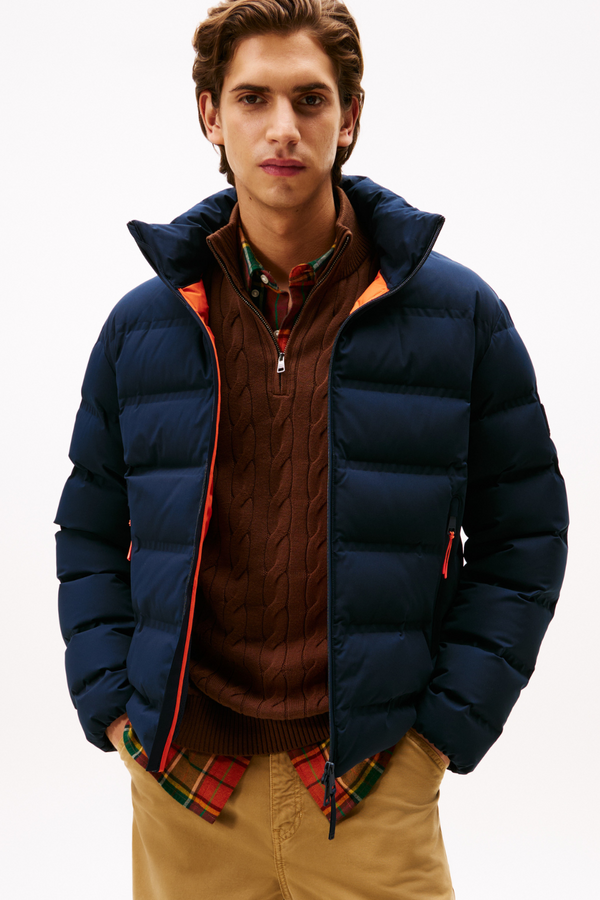 Front view mens navy blue puffer jacket winter outerwear