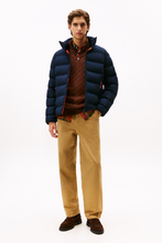 Side view navy blue puffer jacket stylish winter wear