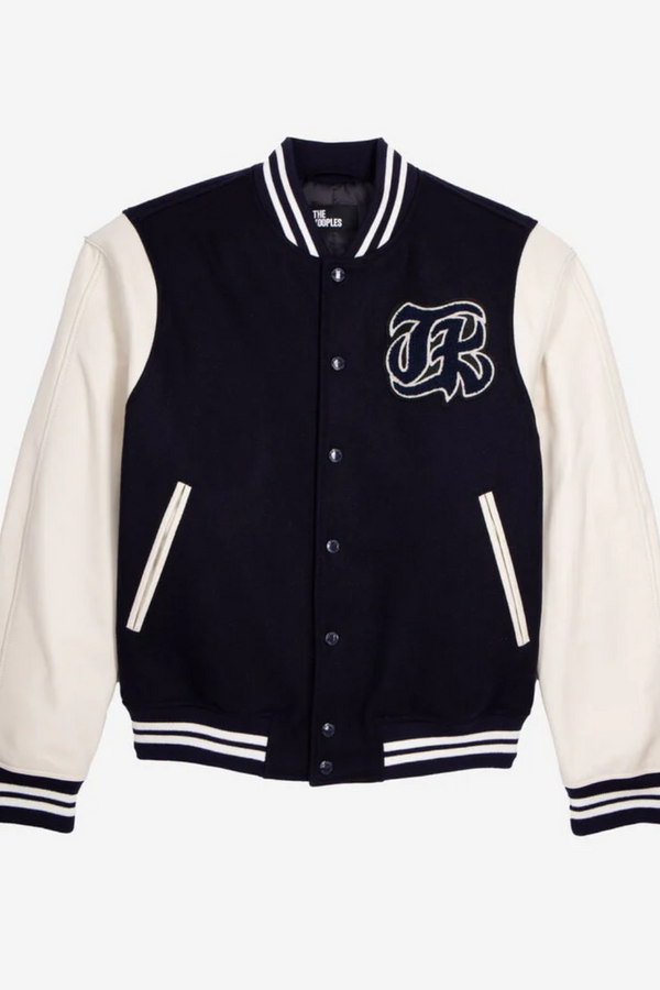 Navy blue teddy jacket with patch front design