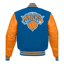 Back design of New York Knicks varsity jacket in blue and orange