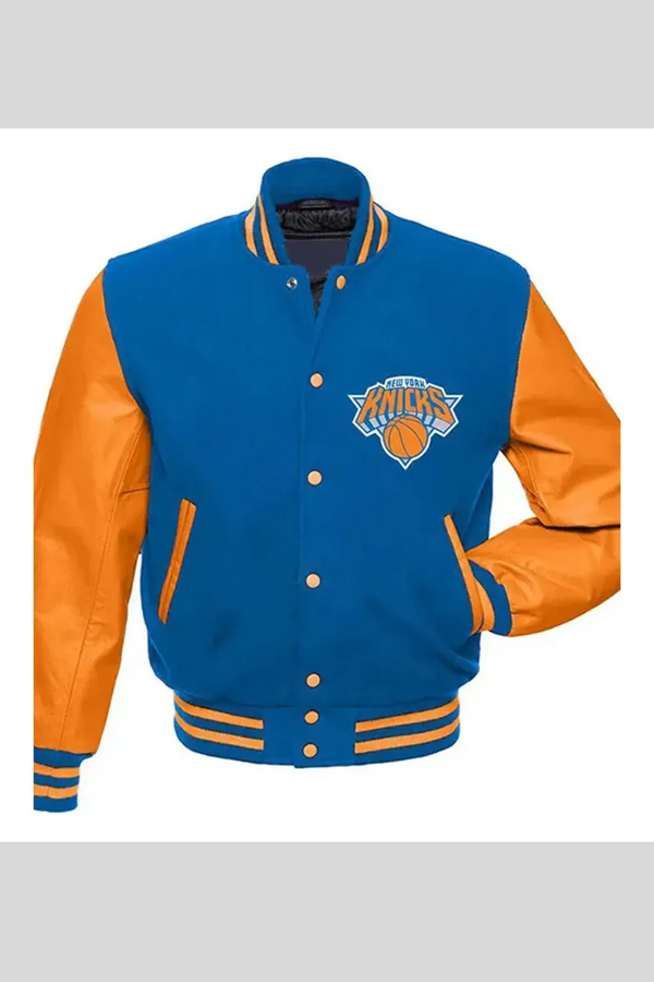 New York Knicks blue and orange varsity jacket front view