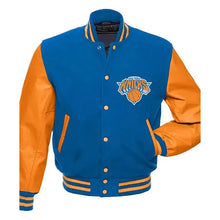 Side angle of men’s New York Knicks orange sleeve varsity jacket