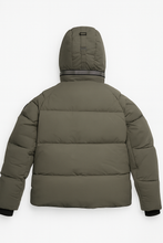 Back view olive green insulated puffer jacket with hood