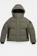 Front view olive green hooded puffer jacket for men winter wear
