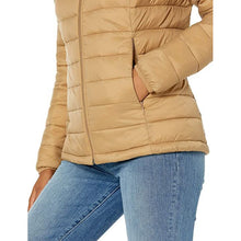 Side angle of petite women’s light weight puffer coat