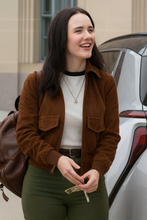 Rachel Brosnahan Superman 2025 brown suede jacket casual outfit inspired by Lois Lane for women