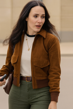 Rachel Brosnahan inspired Superman 2025 brown suede leather jacket front look for women