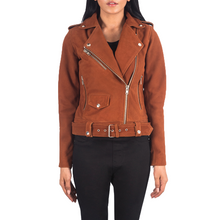 Closeup of redish brown suede jacket with pockets and zippers