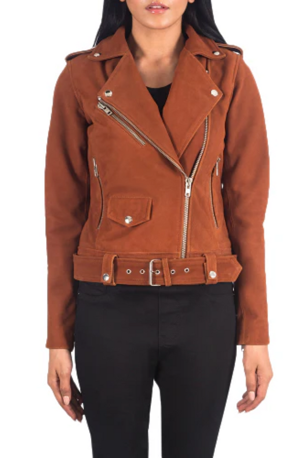 Women’s redish brown suede jacket front view with zipper