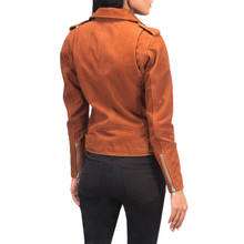 Side angle of women’s redish brown suede biker style jacket