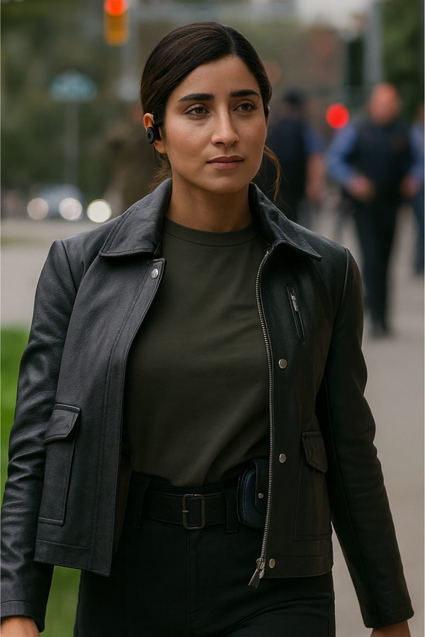 Sabrina Sohal Allegiance black leather jacket front look stylish outerwear
