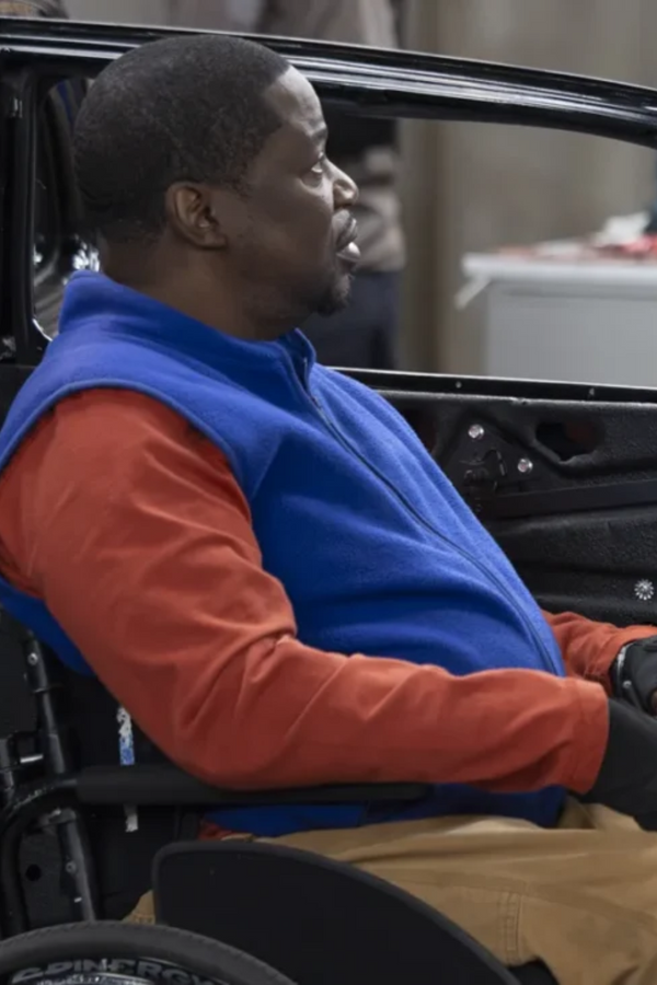 Daryl Mitchell blue vest front view casual outfit from Shifting Gears
