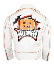 Halloween Pumpkin Asymmetrical White Leather Jacket