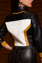 Superman 2025 Hawkgirl cropped leather jacket front look in black white and yellow color for women
