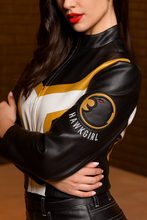 Side view of Superman 2025 Hawkgirl cropped leather jacket showing yellow and white color block design for women
