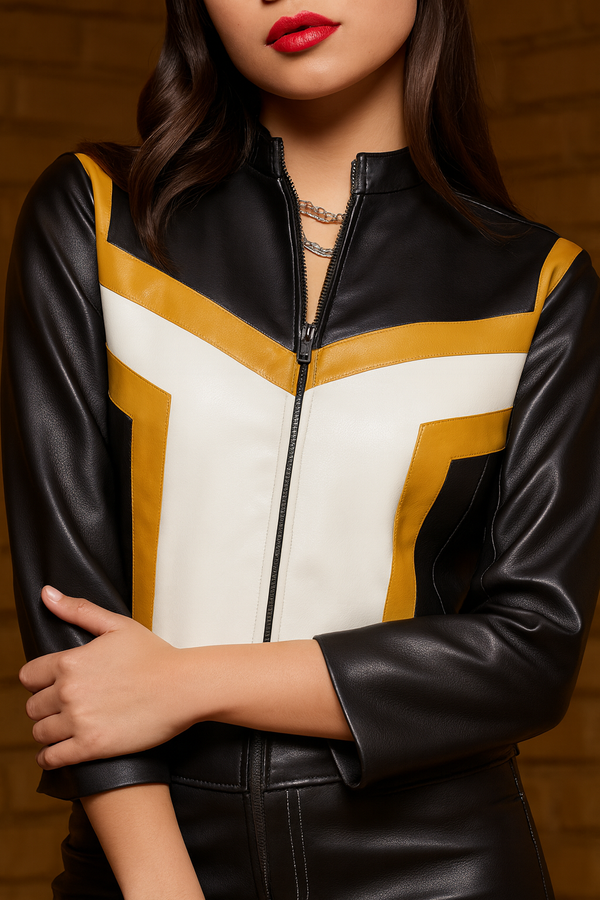 Close up of Superman 2025 Hawkgirl women cropped leather jacket with black yellow and white detailing stylish outerwear