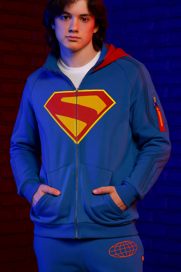 Superman 2025 blue zip up hoodie for men with red and yellow logo front look soft fleece casual wear