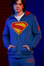 Superman 2025 blue zip up hoodie for men with red and yellow logo front look soft fleece casual wear