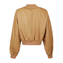 Back design of tan brown sheep leather bomber jacket for women
