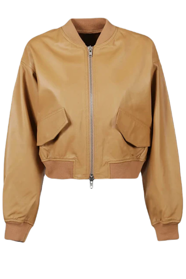 Women’s tan brown sheep leather bomber jacket front view