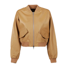 Side angle of women’s tan brown bomber jacket in real leather