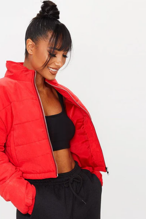 Women red puffer jacket front view