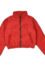 Stylish red puffer jacket side look