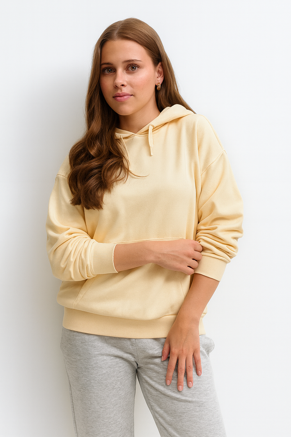 Women’s beige hoodie soft cotton blend casual sweatshirt front view
