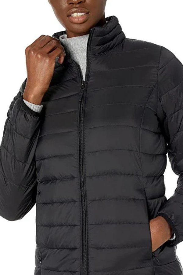Women’s black puffer jacket with long sleeves front view