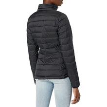 Side angle of black women’s long sleeve puffer winter jacket