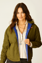 Back view olive green casual jacket with embroidery design